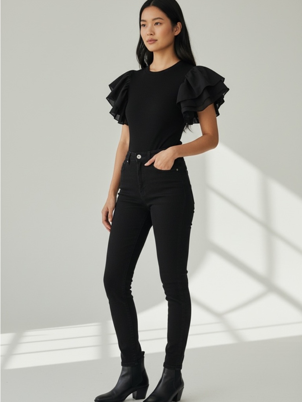 FORE Black Ruffle-Sleeve Bodysuit with Tiered Flutter Sleeves
